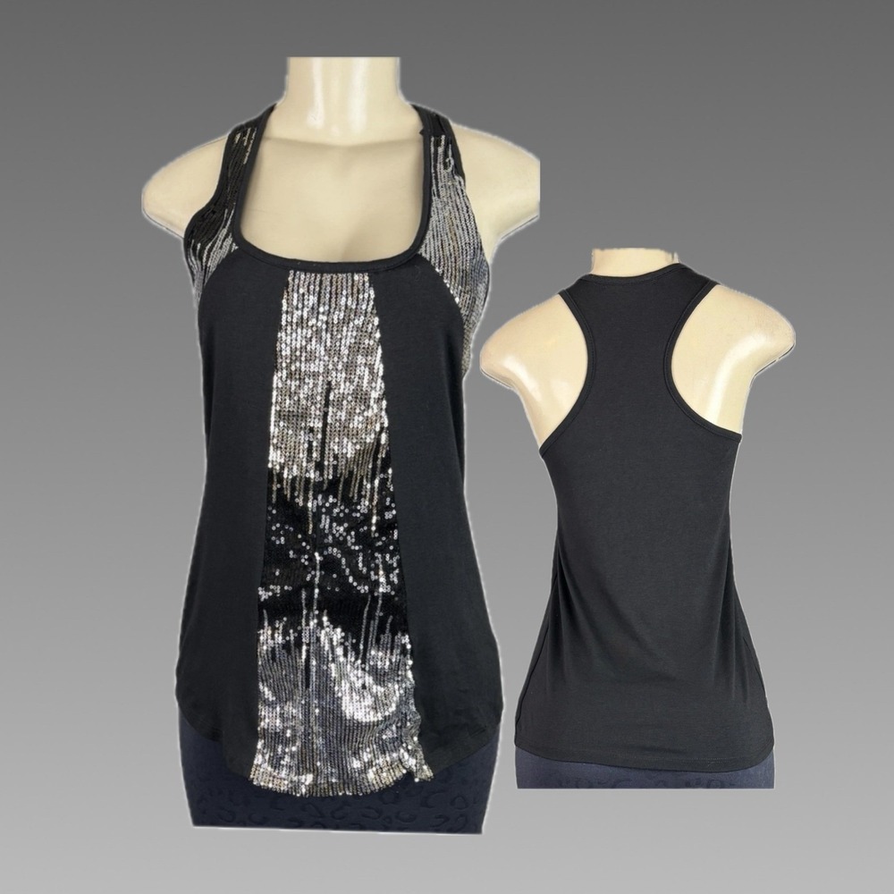 Julie's Closet M Black Silver Sequin Racerback Tank Top Scoop Neck Sleeveless